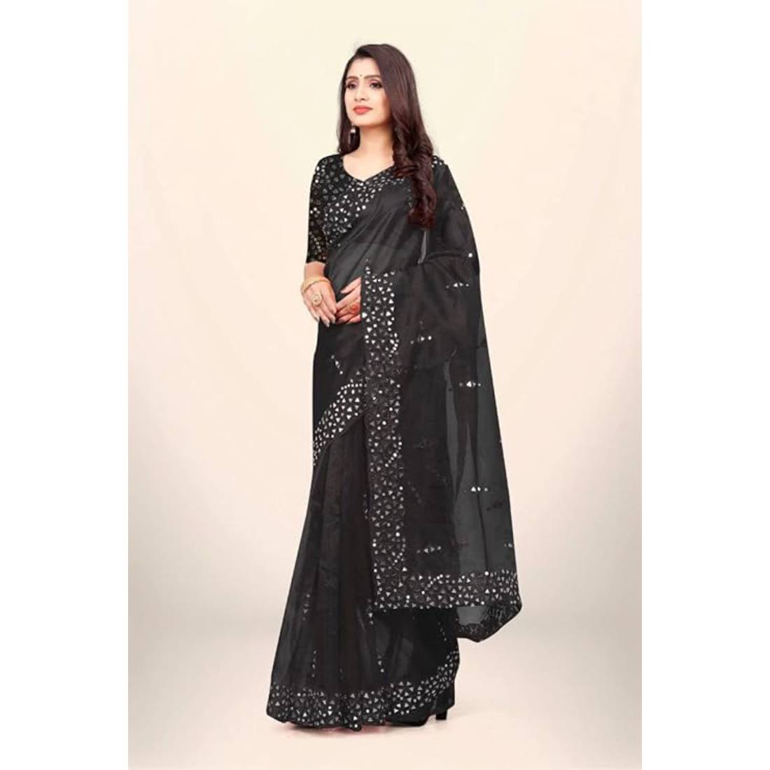 infabzon Saree Bollywood Style Organza Silk with Embroidered Third Mirror Work