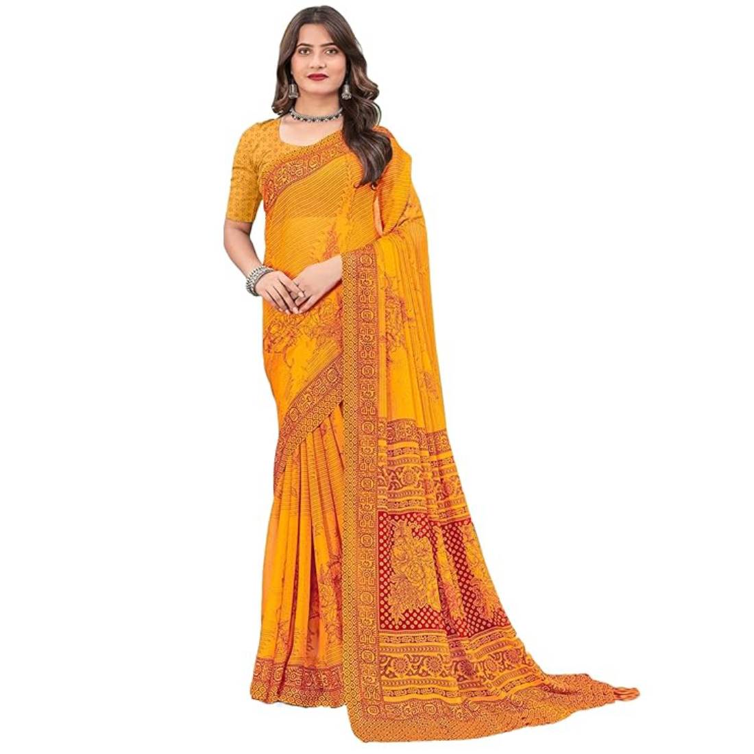 Pandadi Saree Women's Chiffon Printed Saree with Unstitched Blouse Piece